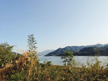 Scenic view of lake and mountains against clear sky