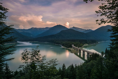 Scenic view of lake and mountains against sky during sunset