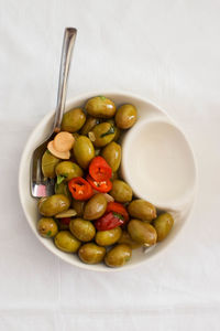 High angle view of fruits in plate on table