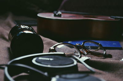 Close-up of various objects on table