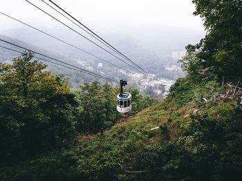 Overhead cable car over trees against sky