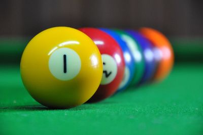 Close-up of pool balls on table