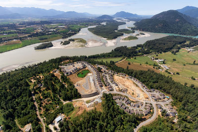 High angle view of landscape and mountains