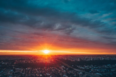 Aerial view of buildings against sky during sunset