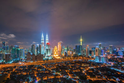 High angle shot of illuminated cityscape