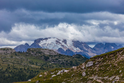 Scenic view of mountains against cloudy sky