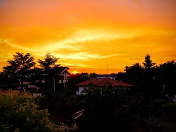 Silhouette trees and buildings against sky during sunset