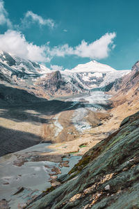 Scenic view of snowcapped mountains against sky