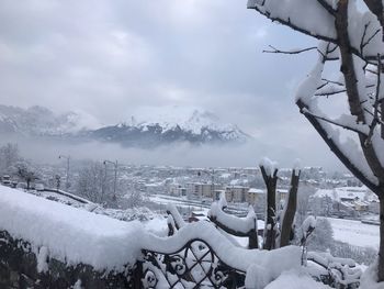 Snow covered landscape against sky