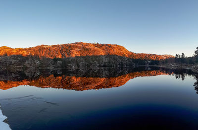 Scenic view of lake against clear blue sky