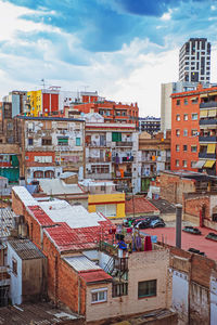 High angle view of buildings against sky