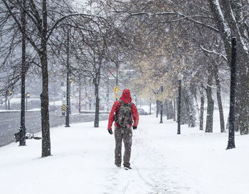 Rear view of man walking on snow covered field