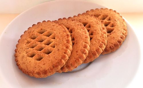 High angle view of cookies in plate