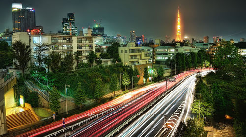 High angle view of light trails on street in city at night