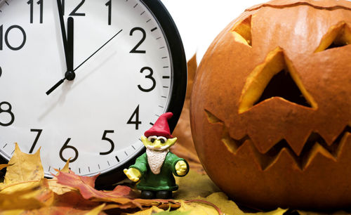 Close-up of clock on pumpkin