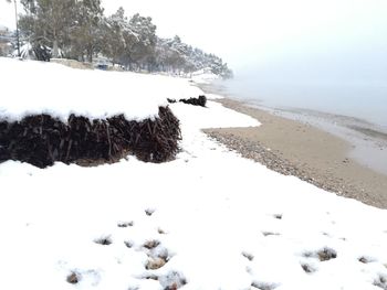 Scenic view of snow covered beach against clear sky