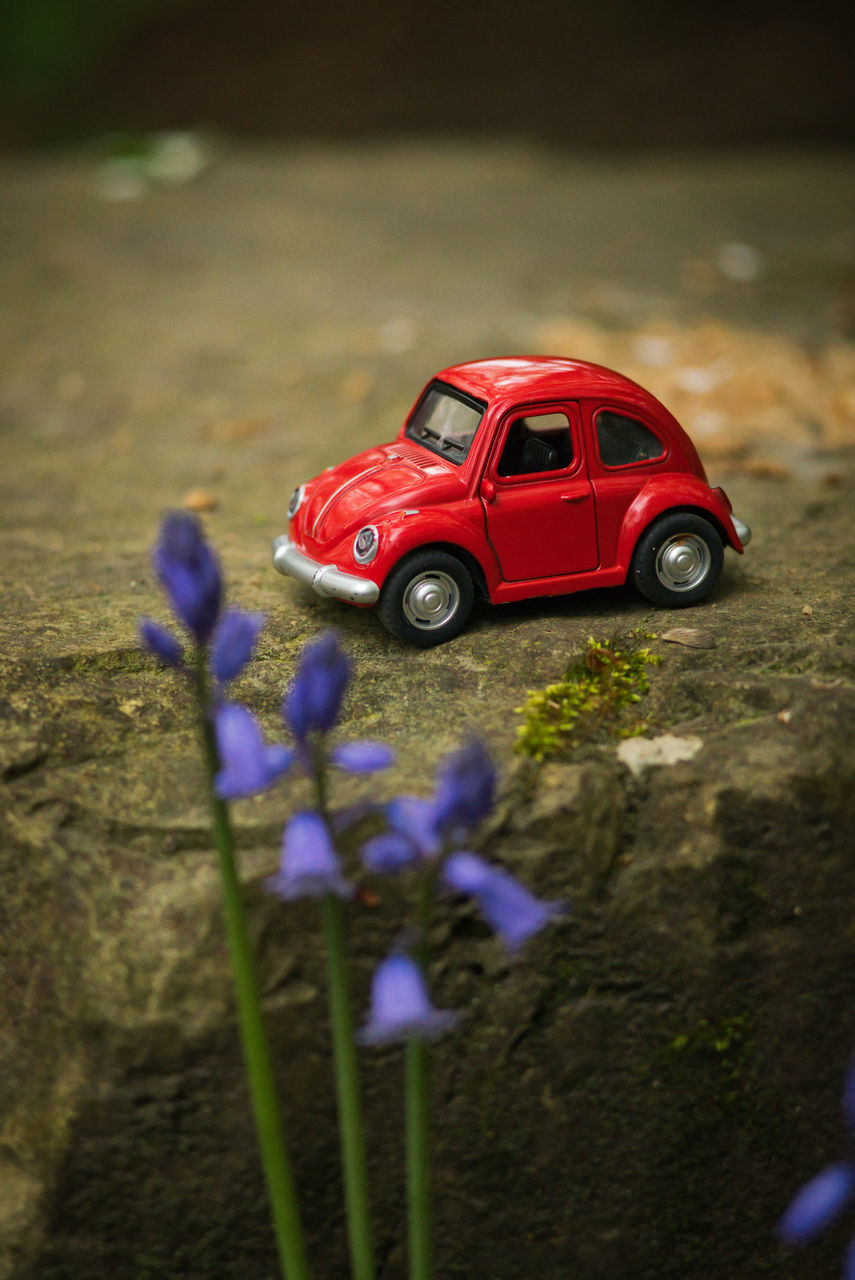 HIGH ANGLE VIEW OF RED TOY CAR ON FIELD