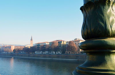 River in city against clear sky