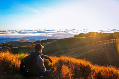 Relaxing sunrise view on the mountain peak.