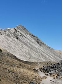 Scenic view of arid landscape against clear blue sky