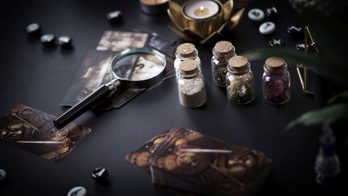 High angle view of objects on table