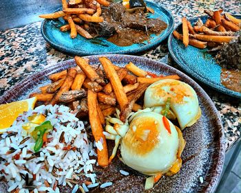 High angle view of food in plate on table