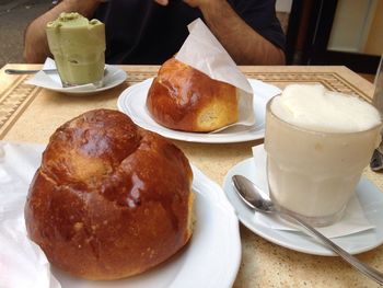 Close-up of breakfast served on table