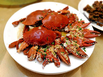 High angle view of food in plate on table