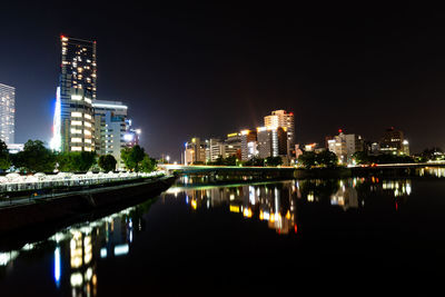 Reflection of illuminated buildings in city at night