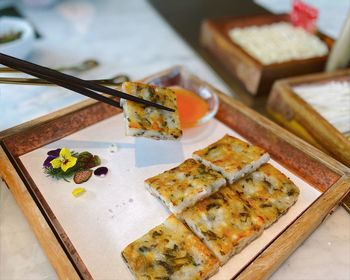 High angle view of food in plate on table