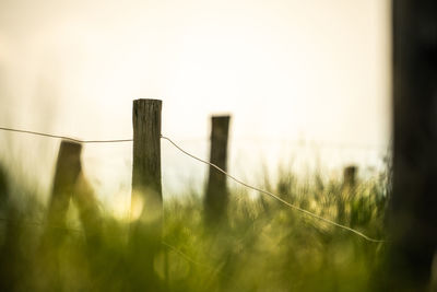 Wooden fence on field against sky