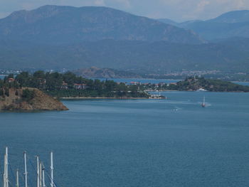 Scenic view of sea and mountains against sky