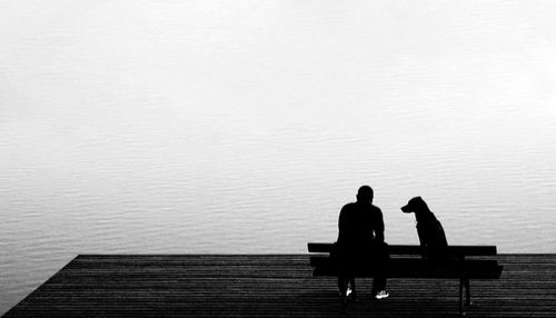 Rear view of couple sitting on bench in front of lake