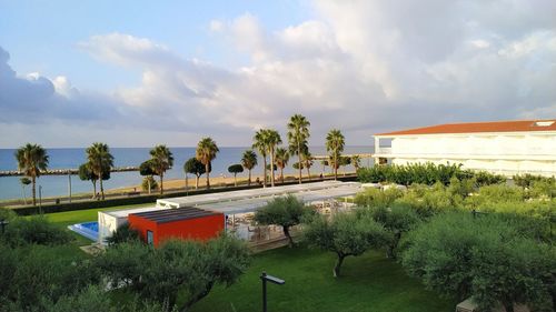 Palm trees and hotel houses against sky