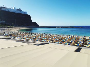 Scenic view of sea against clear blue sky