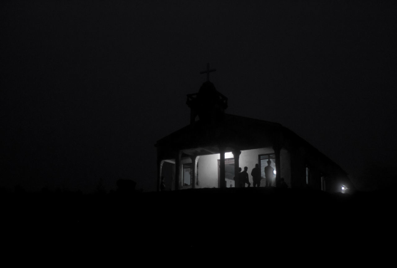 darkness, night, architecture, built structure, light, building exterior, illuminated, lighting, black and white, building, black, silhouette, copy space, sky, no people, nature, dark, monochrome, place of worship, house, monochrome photography, lighting equipment, outdoors, evening