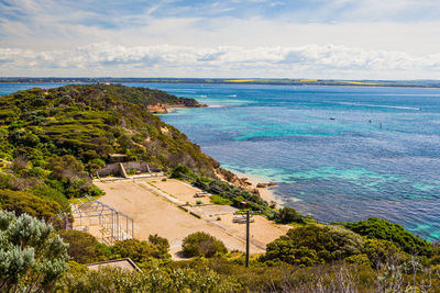 High angle view of swimming pool by sea against sky