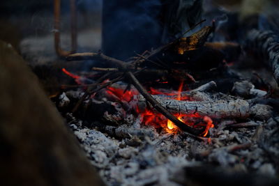 High angle view of bonfire on wood