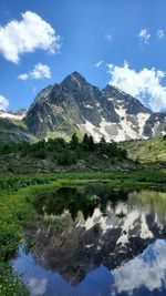 Scenic view of lake and mountains against sky