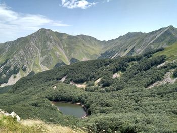 Scenic view of mountains around a small lake