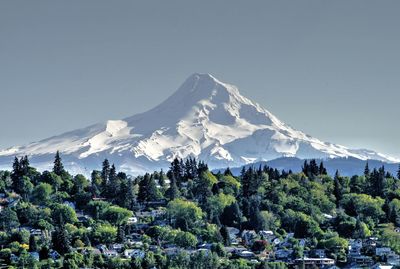 Scenic view of snowcapped mountains against clear sky