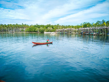 Traditional fishermen who are looking for fish in the coastal at obi island, indonesia