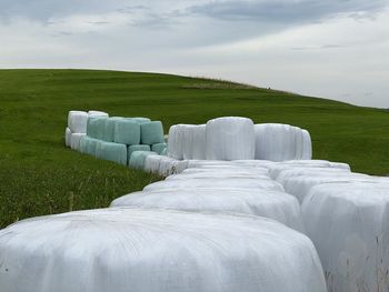 Scenic view of farm against sky