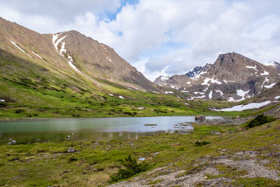 Scenic view of lake and mountains against sky