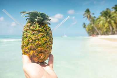 Person holding pineapple cocktail at beach against sky