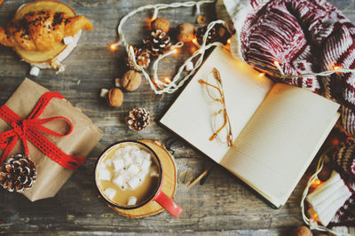 High angle view of christmas decorations on table