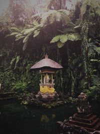 View of temple against trees in garden