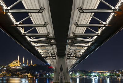 Illuminated bridge over river in city at night