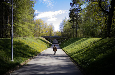 Rear view of woman walking on road amidst trees against sky