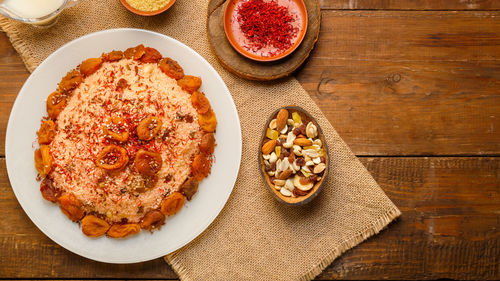 High angle view of food in plate on table